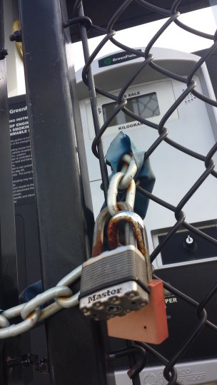 Rust covers the locked gates at the hydrogen fueling station in Columbia.